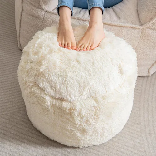 Vista 7 de HIGOGOGO Puf Otomán Redondo Relleno, Pufs Largos de Piel Sintética con Relleno de Trozos de Espuma, Puf Reposapiés Esponjoso y Peludo Otomán