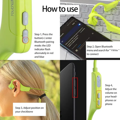 Vista 7 de Auriculares de Conducción Ósea Bluetooth, Audífonos Inalámbricos de Oreja Abierta con Micrófono, Auriculares Resistente al Sudor para Correr, Verde