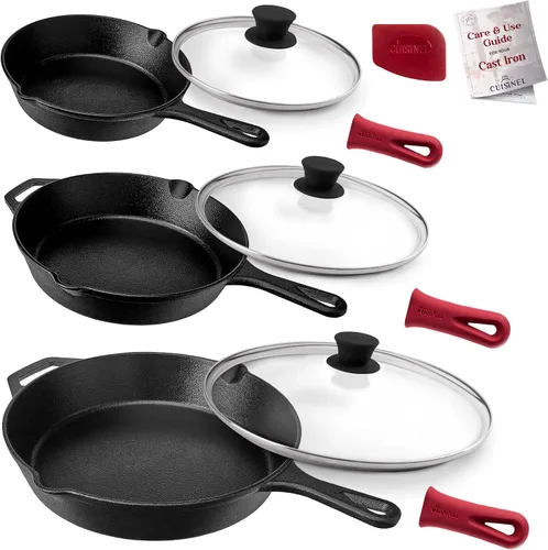 Vista 8 de Juego de sartenes de hierro fundido de Cuisinel + tapas de vidrio – Sartenes de 8, 10 y 12 pulgadas + fundas de mango de silicona. Utensilios