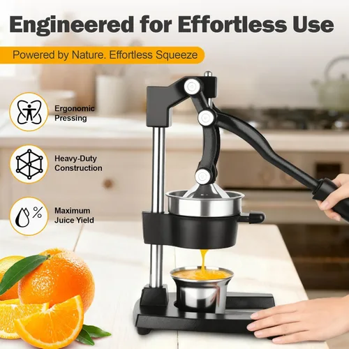 Vista 2 de Exprimidor manual de hierro fundido con cono de acero inoxidable, exprimidor de limón resistente para un máximo rendimiento de jugo y limpieza sin