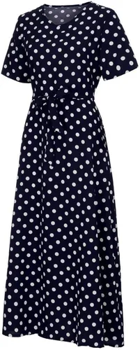 Vista 7 de HGOOGY - Maxi vestidos bohemios para mujer 2023, vestido de lunares fluido, fruncido, talla grande, modesto, largo, ajustado, vestido acampanado