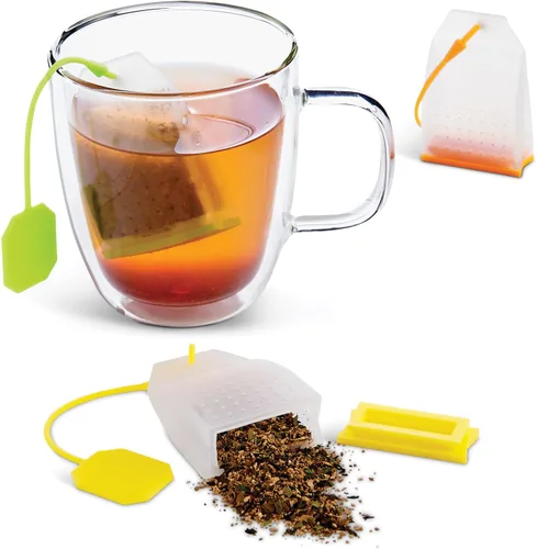 Vista 17 de HIC Kitchen Infusor de té Leaf con bandeja de goteo, té de hierbas de hojas sueltas, acero inoxidable 18/8 y silicona, juego de 2