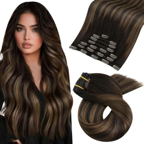 Vista 37 de Moresoo Extensiones de cabello humano con clip, balayage, color marrón oscuro a marrón dorado con clip, extensiones de cabello humano con clip, 5