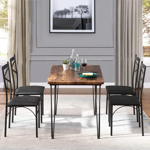 Vista 4 de VECELO Juego de mesa de comedor de cocina para comedor, rincón de desayuno, 4 sillas con marco de metal de poliuretano, rectangular, juego de 5