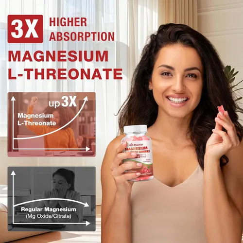 Vista 4 de Gomitas de magnesio L-treonato de 1000 mg - Suplemento cerebral para memoria y concentración para adultos y niños - Sin azúcar, sin OMG, sabor a