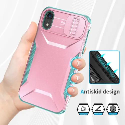 Vista 4 de Funda para iPhone XR con funda para cámara deslizante, de grado militar, antideslizante, resistente, a prueba de golpes, funda protectora para Apple