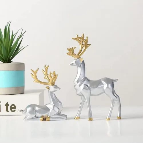 Vista 3 de Figuras navideñas de alce de reno, decoración de Navidad de pie y sentado, estatuas de ciervos para el hogar y el gabinete (plateado)
