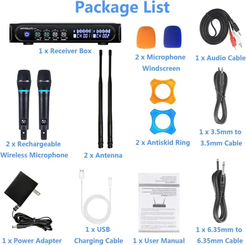 Vista 7 de S9 UHF Sistema de micrófono inalámbrico recargable para karaoke, micrófono inalámbrico dual con caja receptora Bluetooth + control de volumen ECHO