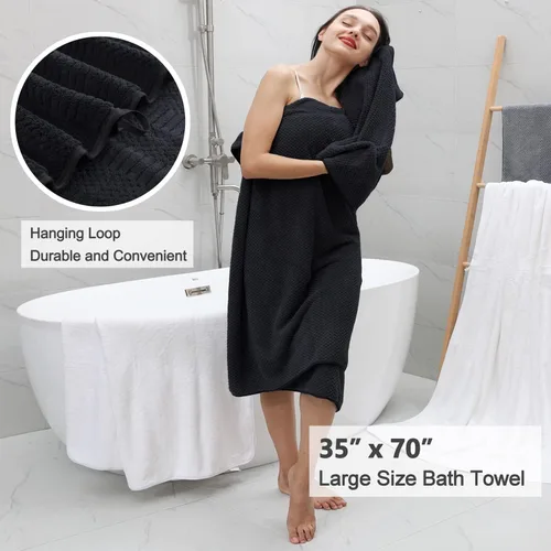 Vista 4 de Juego de 8 toallas de baño grandes negras para la familia, 2 toallas de baño de gran tamaño, 2 toallas de mano, 4 toallas pequeñas, 600GSM, suaves