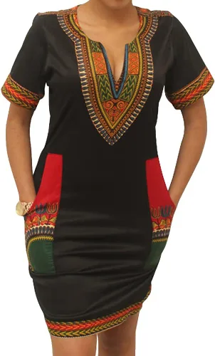 Vista 12 de Vestidos africanos para mujer, estilo bohemio, dashiki, tribal, vintage, étnico, midi Negro