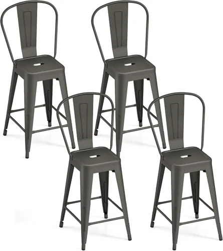 Vista 11 de Giantex Juego de 4 taburetes de bar de metal de 24 pulgadas, sillas de barra de altura de mostrador con respaldo extraíble y reposapiés integrado
