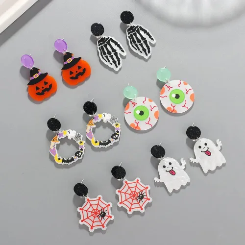 Vista 4 de Aretes colgantes de acrílico de acetato de calabaza, fantasma, murciélago, colgante, creativo, palma, globo ocular, telaraña, para mujeres y niñas
