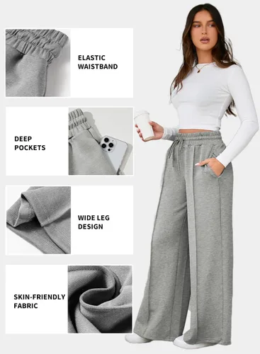 Vista 4 de Aleumdr Pantalones deportivos de cintura alta con cordón y pierna ancha con bolsillos, pantalones de yoga sueltos casuales para mujer