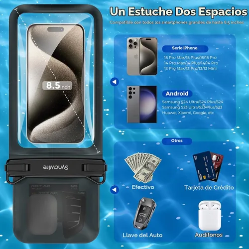 Vista 2 de SYNCWIRE Funda impermeable para teléfono, paquete de 2 bolsas impermeables IPX8 doble espacio para iPhone 15 14 13 12 Pro Max XR X SE 2022 8 Samsung