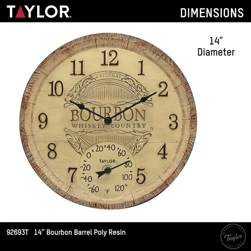 Vista 4 de Taylor Bourbon Barrel - Reloj y termómetro de poliresina para interiores y exteriores, decoración del hogar para jardín, patio, piscina y áreas