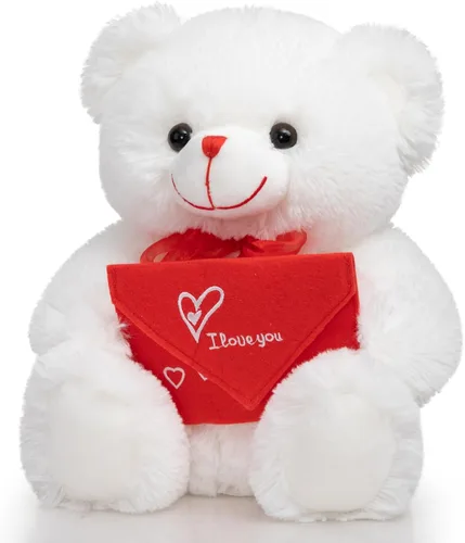 Vista 6 de HollyHOME Oso de Peluche Oso de Rosa Oso de Peluche Suave con Sobre Rojo de Felpa Suave Juguetes de Vacaciones Regalo 30 cm Blanco