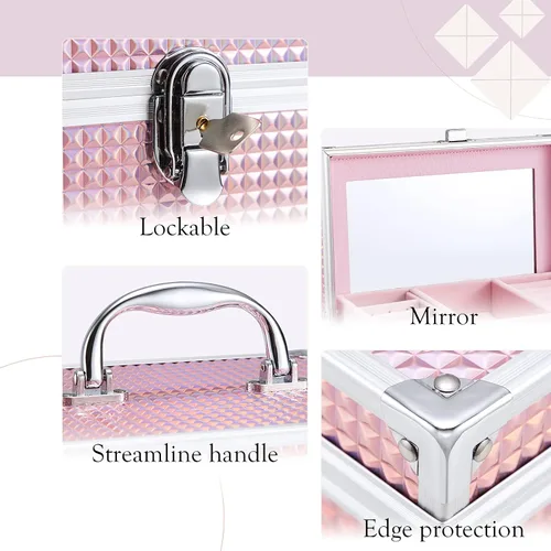 Vista 5 de Hododou Joyero organizador para niñas con cajón y espejo estuche de almacenamiento con cerradura estilo rosa brillante para niños o niñas pequeñas