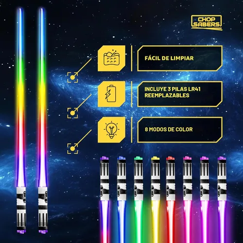Vista 3 de Palillos de sable de luz con luz LED brillante, de Star Wars, reutilizables, para sushi, luz LED con 8 modos de color de luz, 1 par