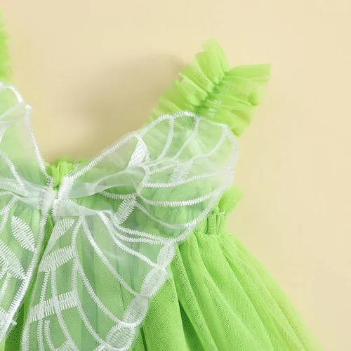 Vista 5 de GuliriFei Disfraz de hada verde para niñas de Halloween, vestido de princesa sin mangas con mariposa Tinkerbell disfraz de hada
