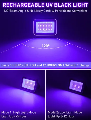 Vista 2 de Luz negra LED recargable, luz negra portátil alimentada por batería, luz LED de inundación de 400 nm, luces negras, fiesta de neón brillante, pesca