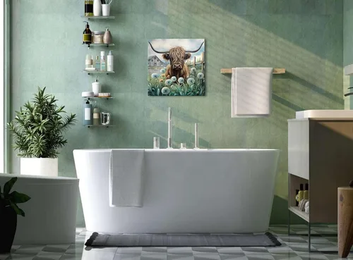 Vista 5 de YUEYARIT Decoración de pared de vaca de las tierras altas de granja en verde azulado y marrón: imagen rústica de vaca y diente de león, impresión