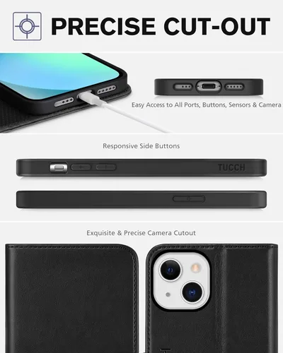 Vista 7 de TUCCH - Funda tipo cartera con 3 ranuras para tarjetas para iPhone 13 (6.1") 2021, color negro Soporte de visión, carcasa de TPU a prueba