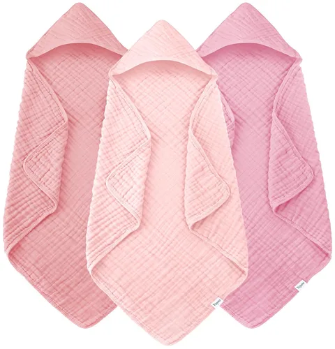 Vista 10 de Toallas de baño de muselina con capucha para bebé, paquete de 3 toallas 100% algodón ultrasuaves para recién nacidos, bebés, niños pequeños, 32 x 32
