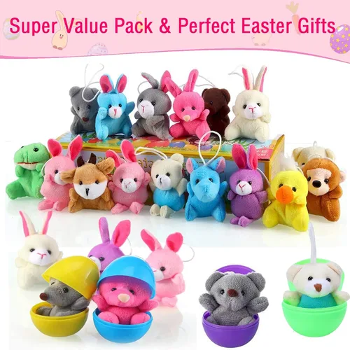 Vista 3 de Paquete de 18 huevos de Pascua rellenos con mini animales de peluche para niños, cesta de Pascua, búsqueda de huevos de Pascua, recuerdo de fiesta