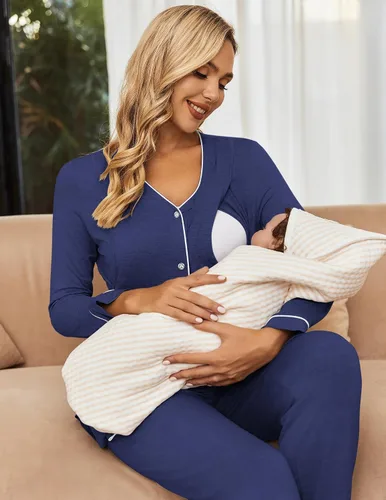 Vista 3 de Ekouaer Conjunto de pijama de maternidad con botones, ropa de dormir de manga larga para lactancia materna con pantalones ajustables