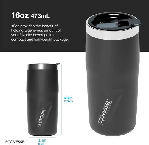 Vista 2 de EcoVessel METRO - Vaso de acero inoxidable al vacío, botella de agua aislada, taza de café de viaje con tapa deslizante y base antideslizante, taza