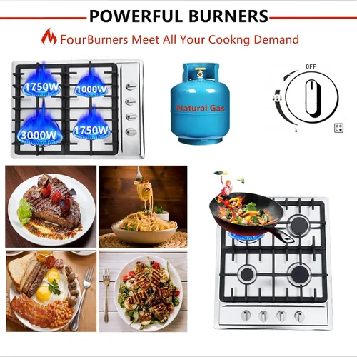 Vista 3 de Estufa de gas de 4 quemadores, estufa de gas de 23 pulgadas, de acero inoxidable, cocina de gas incorporada, cocina de gas natural plateada