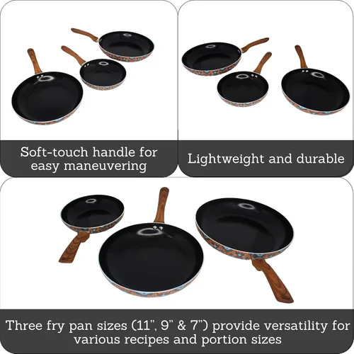 Vista 2 de IMUSA Juego de utensilios de cocina de cerámica antiadherente, 3 piezas, 7 pulgadas/9 pulgadas/11 pulgadas, con asas suaves al tacto, aluminio, negro