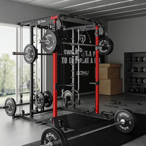 Vista 9 de Máquina S1-V4 Smith, jaula de potencia de 2000 libras con sistema de cruce de cables, estante de sentadillas todo en uno con barra Smith