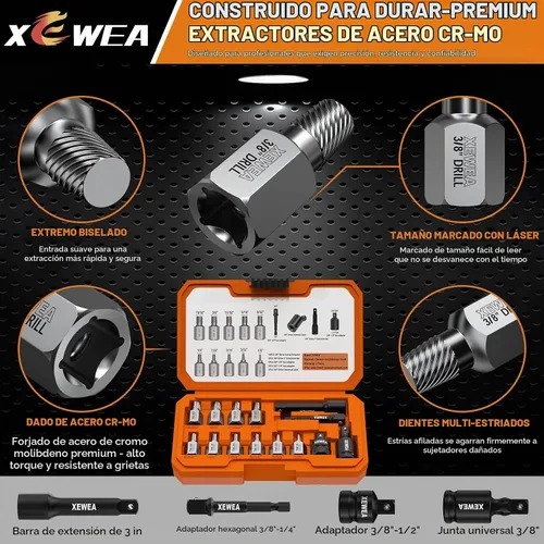 Vista 6 de XEWEA 14PCS 3/8" Drive Screw Extractor Set，Multi-Spline Easy Out