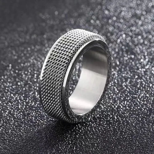 Vista 2 de HUARJO Anillo giratorio para hombres y mujeres, anillo de acero dorado y titanio negro, malla tejida personalizada, tamaño 5-12