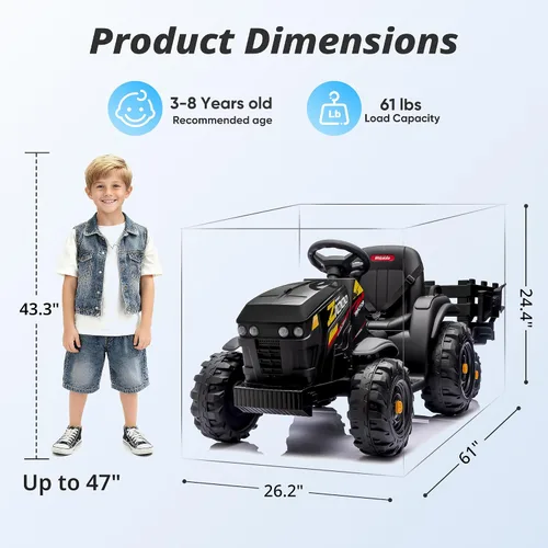 Vista 7 de Hikiddo Juguete tractor de paseo para niños de 24 V, tractor eléctrico para niños de 3 a 8 años con remolque, motores de 2 x 200 W, color negro