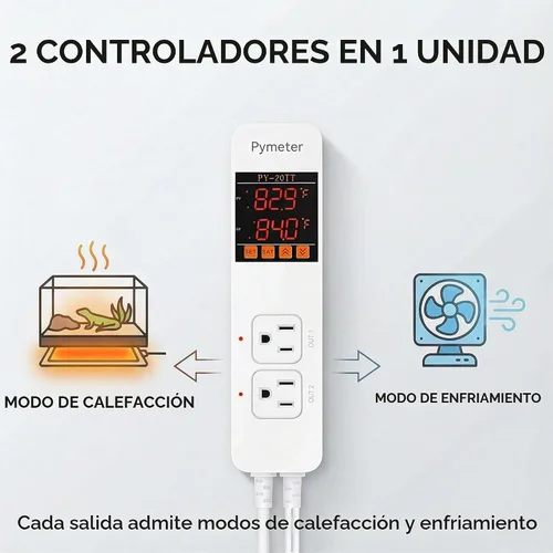 Vista 2 de Controlador digital de temperatura, termostato de reptil de sonda doble, salida controlada para tapete térmico de terrario, almohadilla