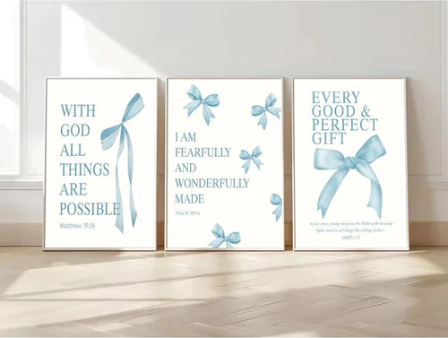 Vista 6 de 3 piezas de arte de pared con lazo azul inspirador, pintura bíblica preppy, decoración de pared, arco azul, pósteres de la Biblia, impresiones