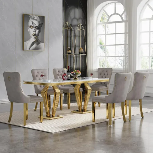 Vista 37 de HomVent - Juego de mesa de comedor de mármol sintético de 68 pulgadas con 4 sillas de terciopelo para cocina Modern Rectangular Faux Marble