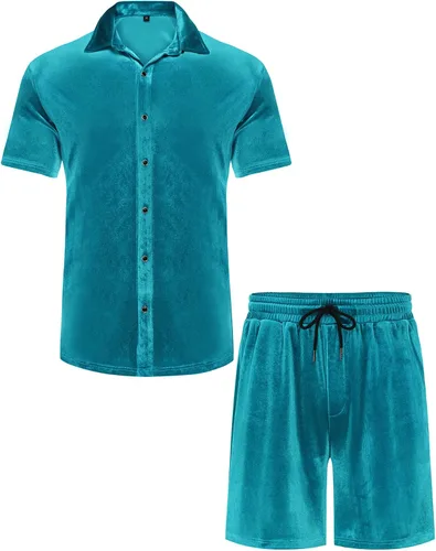 Vista 4 de LecGee Conjuntos de Pantalones Cortos Casuales de Verano para Hombres Camisa de Terciopelo de Manga Corta con Botones Pantalones Cortos de Cintura