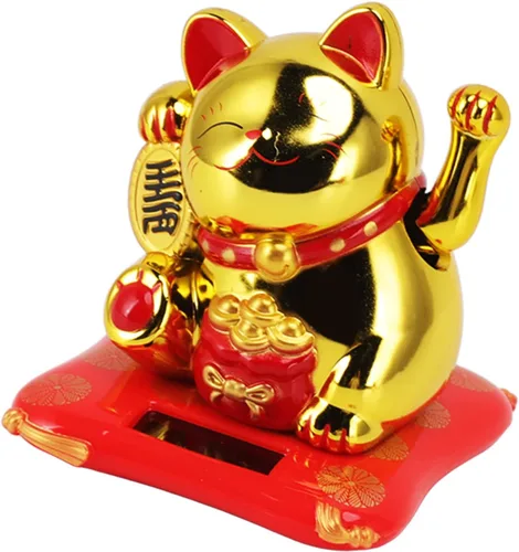 Vista 7 de Adorno de gato de la suerte alimentado por energía solar, gato de la fortuna agitando con cara sonriente, diseño de bolsa de bendición dorada