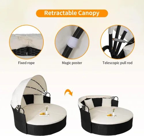 Vista 4 de Sofá cama redondo de mimbre para exteriores, muebles de patio con toldo retráctil, sofá seccional de ratán separado, color caqui, lavable, acolchado