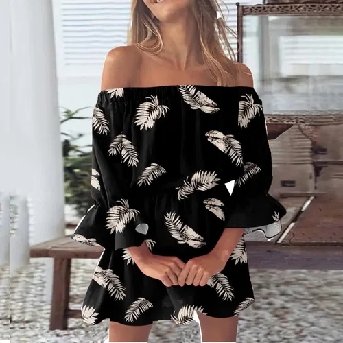 Vista 2 de Vestidos de talla grande para mujer, casual, sexy, con un hombro, cintura media, estampados, manga con volantes, vestido acampanado