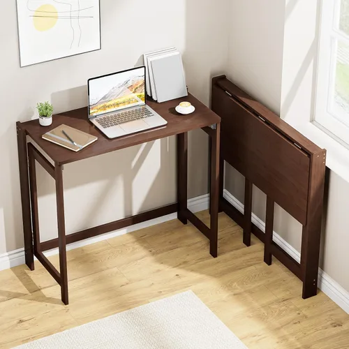 Vista 12 de Escritorio plegable de bambú de 31.1 pulgadas con estantería, escritorio compacto para computadora para espacios pequeños, escritorio plegable