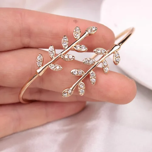 Vista 9 de Pulseras de pulsera para mujer diseño de hoja con incrustaciones de diamantes de imitación de moda