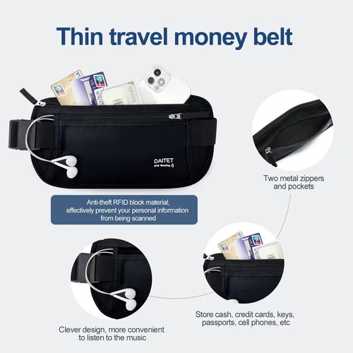 Vista 99 de DAITET Cinturón de dinero, soporte para pasaporte, cartera de viaje oculta segura con bloqueo RFID, riñonera encubierta (negro), Negro, Rfid