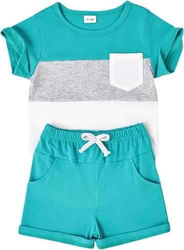 Vista 32 de Ropa para bebé niño pequeño, trajes de verano de manga corta, camiseta de retazos y pantalón con bolsillo, conjunto de 2 piezas, 12 meses a 4 años