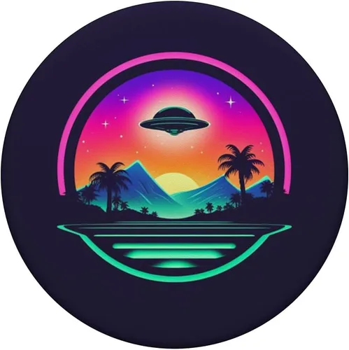 Vista 3 de Retro UFO Alien Landscape Synthwave Estético UAP PopSockets Intercambiable PopGrip