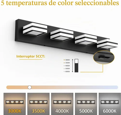 Vista 2 de Ralbay - Luces de tocador de baño de 5 temperaturas de color ajustables, negras, 4 luces, acrílicas, modernas, LED, mate, accesorios de iluminación