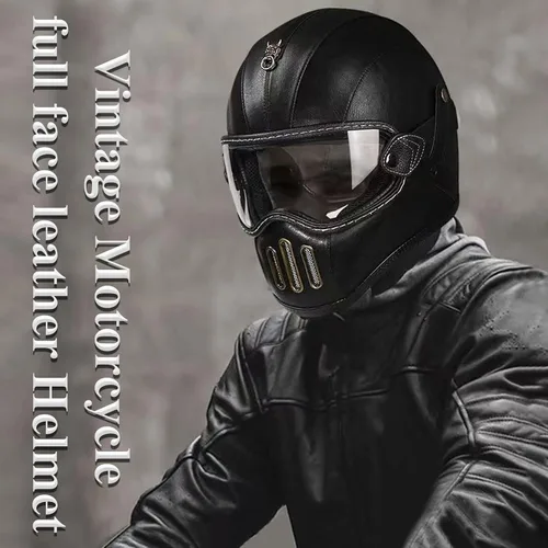 Vista 6 de Casco retro de motocicleta de cara completa de cuero de fibra de vidrio para hombres y mujeres Street Off-Road Ciclomotor Racing ATV Motocross